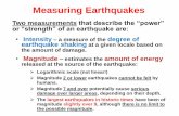 Earthquakes · 2020. 12. 13. · Measuring Earthquakes Two measurements that describe the “power” or “strength” of an earthquake are: •Intensity –a measure of the degree