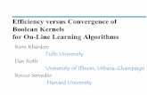 Efficiency versus Convergence of Boolean Kernels for On-Line