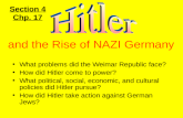 What problems did the Weimar Republic face? How did Hitler come to power? What political, social, economic, and cultural policies did Hitler pursue? How