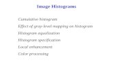 Image Histograms Cumulative histogram Effect of gray-level mapping on histogram Histogram equalization Histogram specification Local enhancement Color
