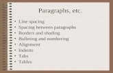 Paragraphs, etc. Line spacing Spacing between paragraphs Borders and shading Bulleting and numbering Alignment Indents Tabs Tables