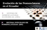 Evoluci³n de las Nomenclaturas en el Ecuador SISTEMA DE NOMENCLATURAS ECONOMICAS (1995) SISTEMA INTEGRADO DE NOMENCLATURAS (SIN)