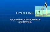 CYCLONE By Jonathan,Clarke,Melissa and Rhylee. Cyclone Definition A cyclone is a big storm mixed with wind. The biggest Cyclone in New Zealand is Cyclone